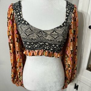 Free People Black and colorful Ruffled Crop Top